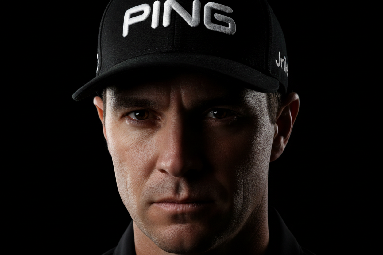 a guy face wearing a ping golf cap dark background